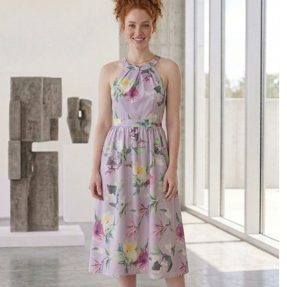 Unique Vintage Lavender Floral Halter Midi Dress Purple Women XS Dance Prom